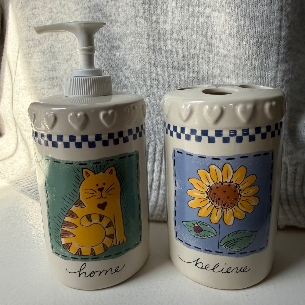 Favorite Things Ceramic Soap Dispenser Toothbrush Holder Set Cat Moon Sunflower - Picture 2 of 6
